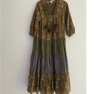 PINK CHICKEN abstract print tiered maxi dress.